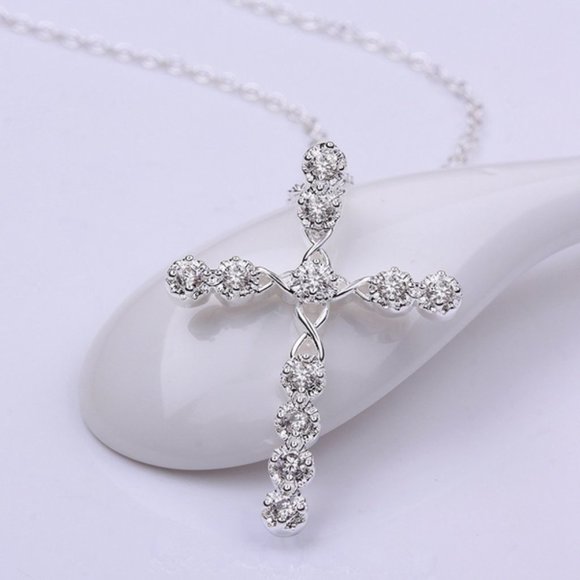Sterling Silver CZ Diamond Cross Necklace - Picture 3 of 5
